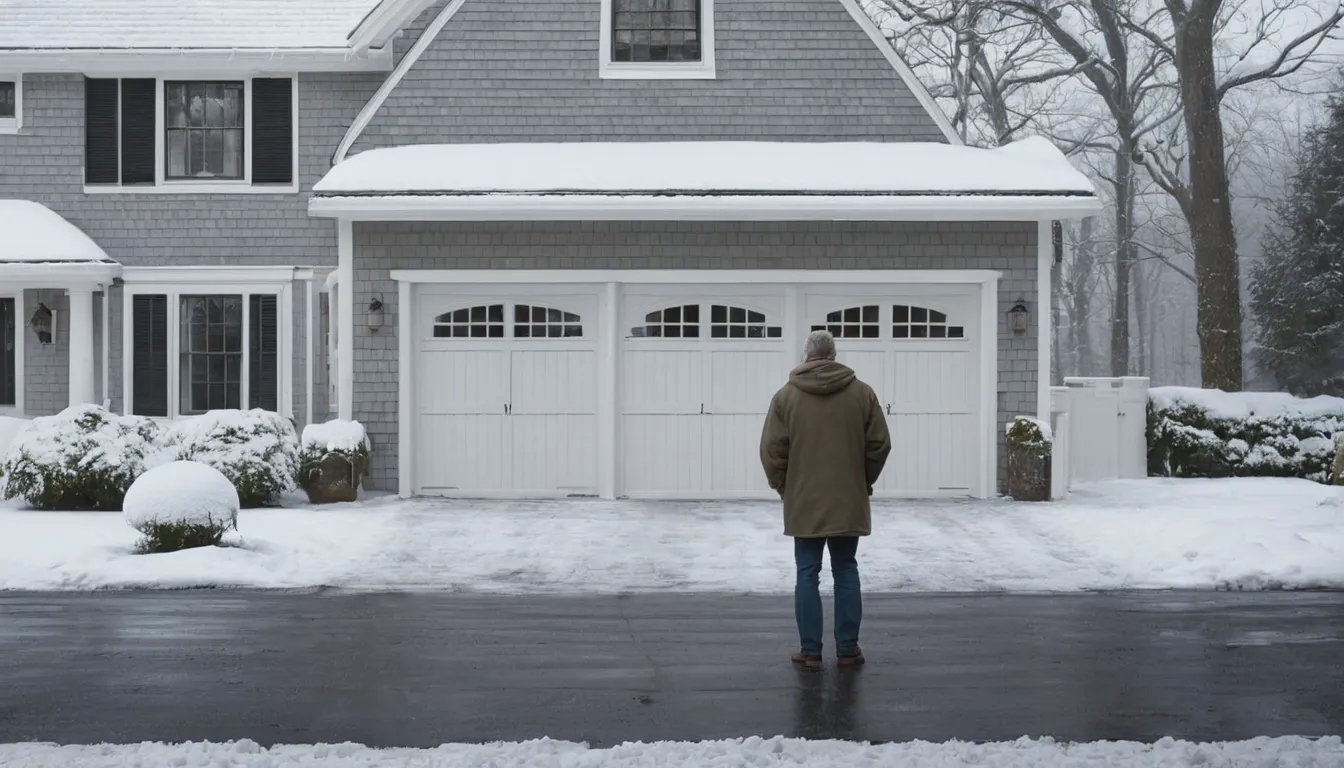 A residential garage door in Princeton with a homeowner checking it on a cold morning
